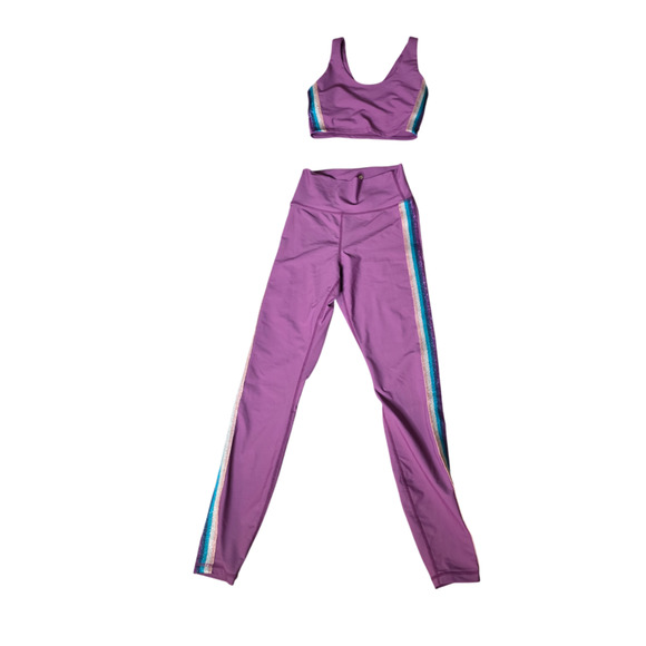 Athleta Set Small Bra Leggings Purple Rainbow Stripe Glitter Trim Matching Activ - Picture 2 of 12
